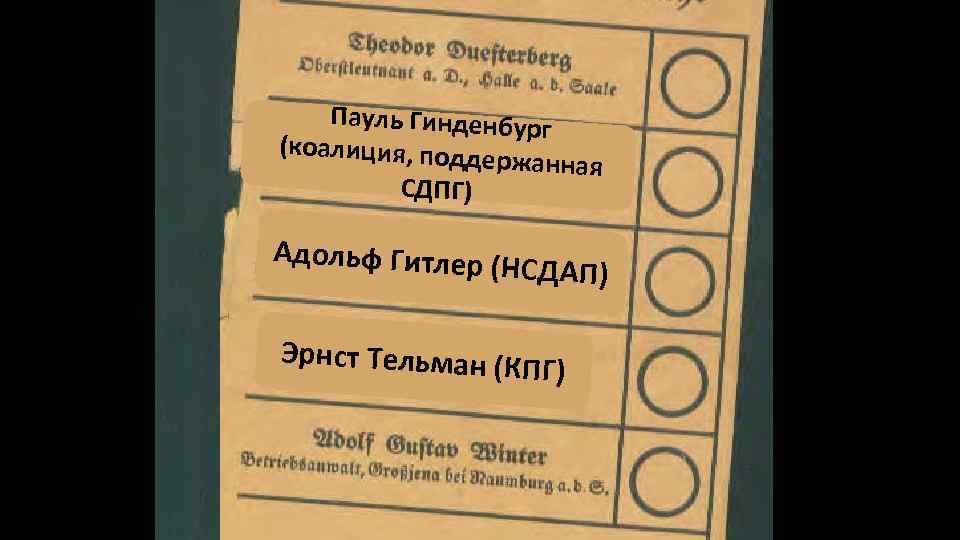 Пауль Гинденбур г (коалиция, подд ержанная СДПГ) Адольф Гитлер (Н СДАП) Эрнст Тельман (К