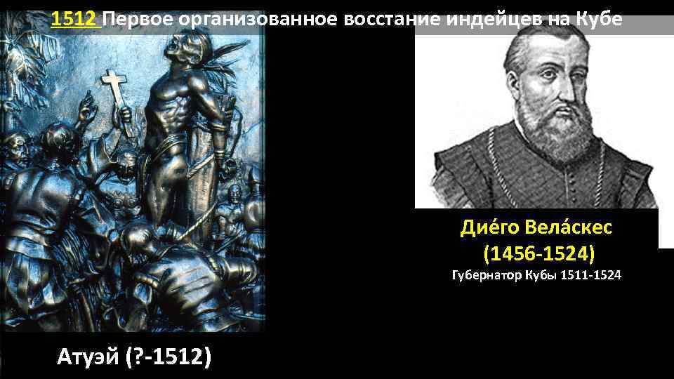 1512 Первое организованное восстание индейцев на Кубе Дие го Вела скес (1456 -1524) Губернатор