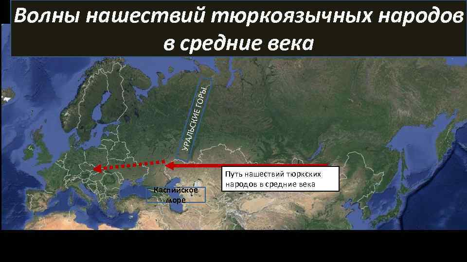 УРАЛ ЬСКИ Е ГО РЫ Волны нашествий тюркоязычных народов в средние века Каспийское море
