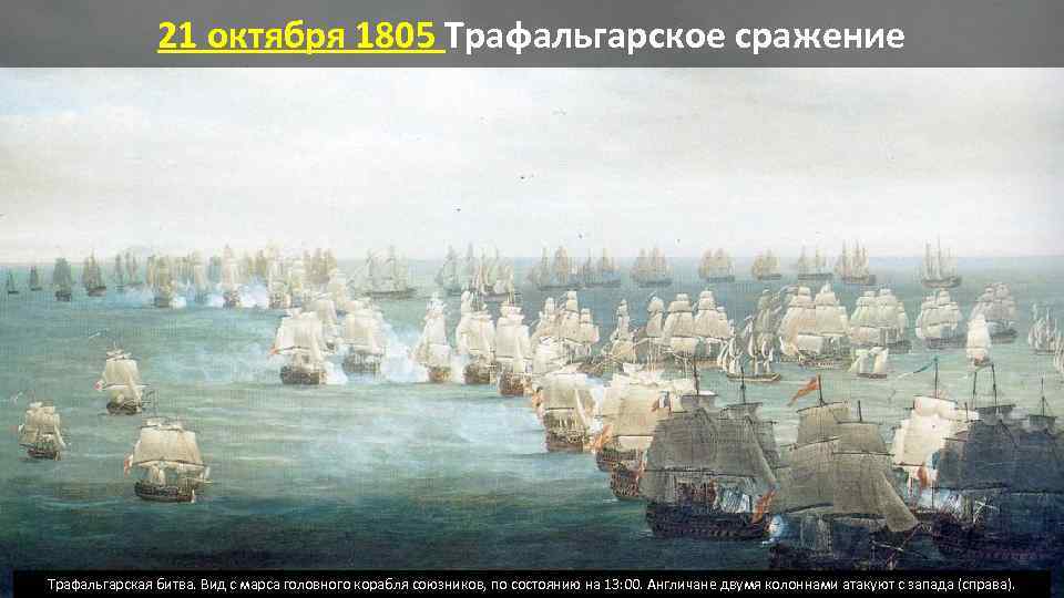 21 октября 1805 Трафальгарское сражение Трафальгарская битва. Вид с марса головного корабля союзников, по