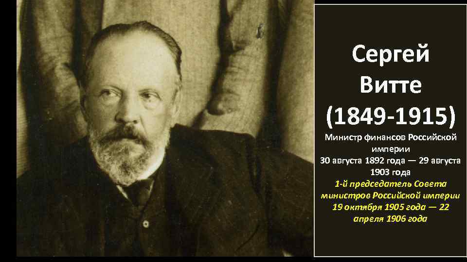 Сергей Витте (1849 -1915) Министр финансов Российской империи 30 августа 1892 года — 29