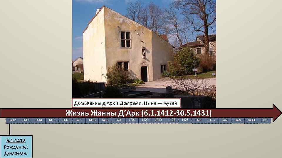 Дом Жанны д’Арк в Домреми. Ныне — музей 1412 1413 6. 1. 1412 Рождение.