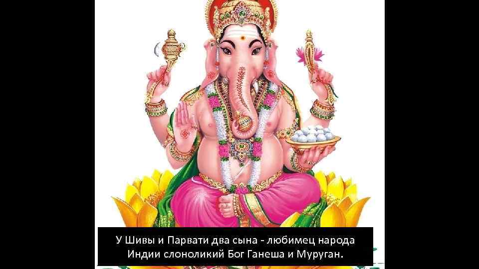 У Шивы и Парвати два сына любимец народа Индии слоноликий Бог Ганеша и Муруган.