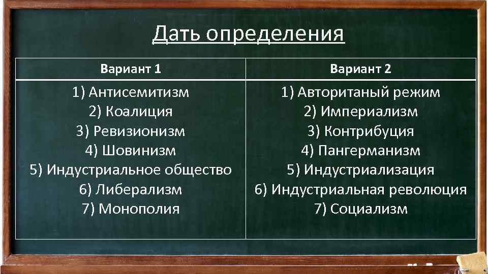 Дать определения Вариант 1 Вариант 2 1) Антисемитизм 2) Коалиция 3) Ревизионизм 4) Шовинизм