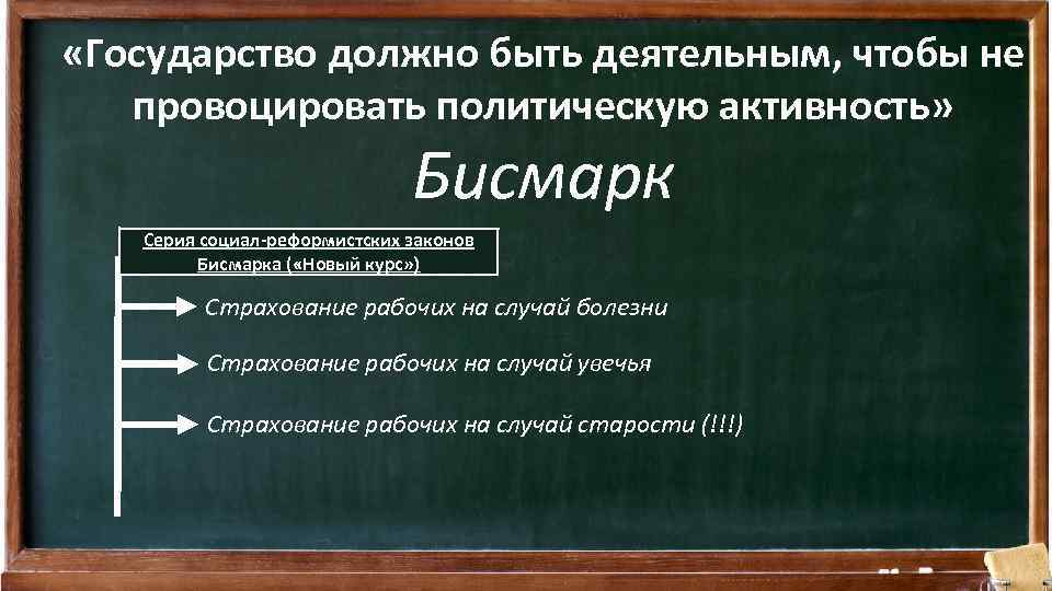  «Государство должно быть деятельным, чтобы не провоцировать политическую активность» Бисмарк Серия социал-реформистских законов