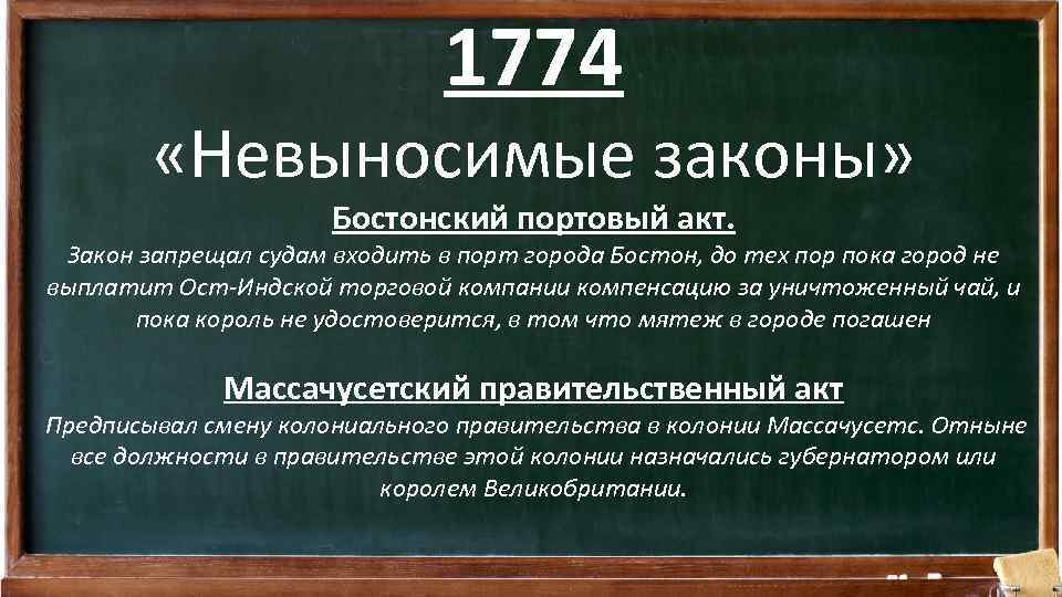 1774 «Невыносимые законы» Бостонский портовый акт. Закон запрещал судам входить в порт города Бостон,