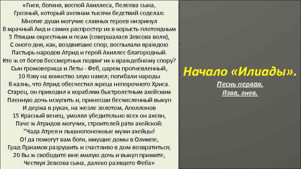  «Гнев, богиня, воспой Ахиллеса, Пелеева сына, Грозный, который ахеянам тысячи бедствий соделал: Многие