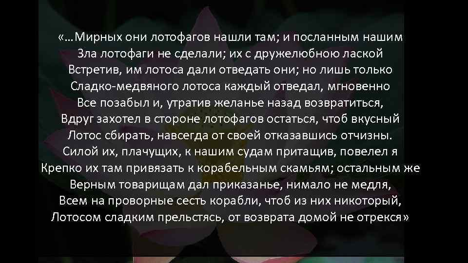  «…Мирных они лотофагов нашли там; и посланным нашим Зла лотофаги не сделали; их