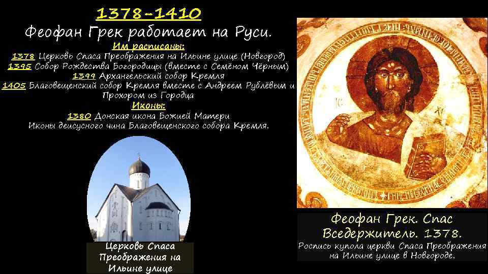 1378 -1410 Феофан Грек работает на Руси. Им расписаны: 1378 Церковь Спаса Преображения на