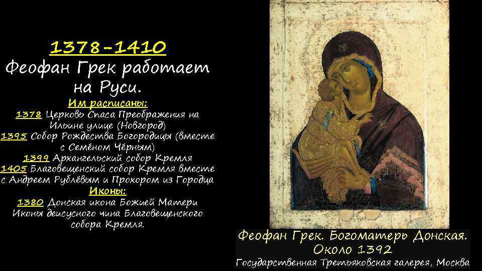 1378 -1410 Феофан Грек работает на Руси. Им расписаны: 1378 Церковь Спаса Преображения на