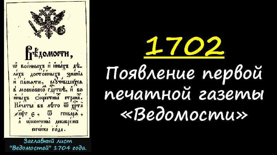 1702 Появление первой печатной газеты «Ведомости» Заглавный лист "Ведомостей" 1704 года. 