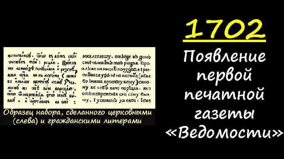 1702 Образец набора, сделанного церковными (слева) и гражданскими литерами Появление первой печатной газеты «Ведомости»