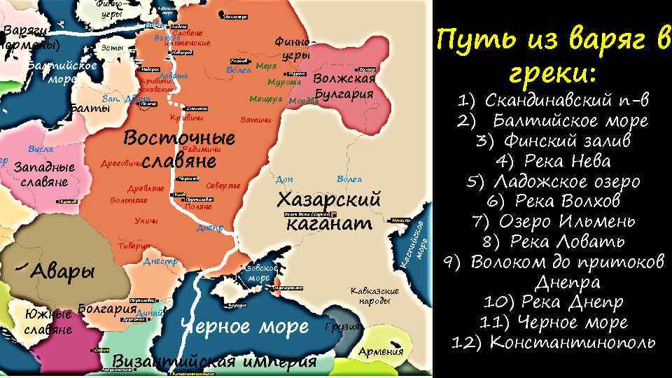 Финноугры Варяги Норманы) Эсты Нева залив Словене Волхов ильменские Чудское озеро Балтийское море Белоозеро