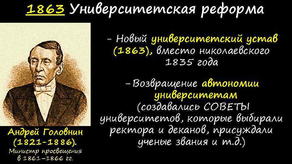 Новый университетский устав при александре. Новый Университетский устав 1863. Университетская реформа 1863. Университетский устав, гимназии 1863. Университетский устав реформа.