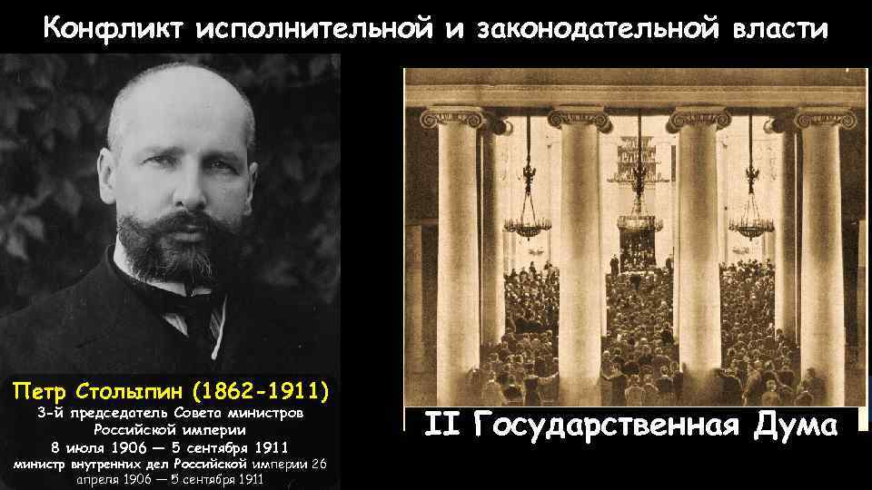Конфликт исполнительной и законодательной власти Петр Столыпин (1862 -1911) 3 -й председатель Совета министров