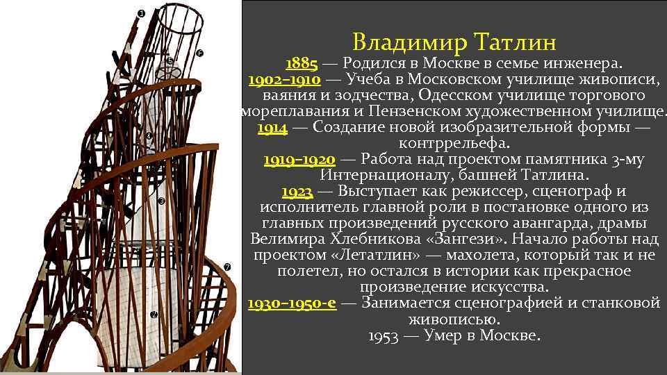 Владимир Татлин 1885 — Родился в Москве в семье инженера. 1902– 1910 — Учеба