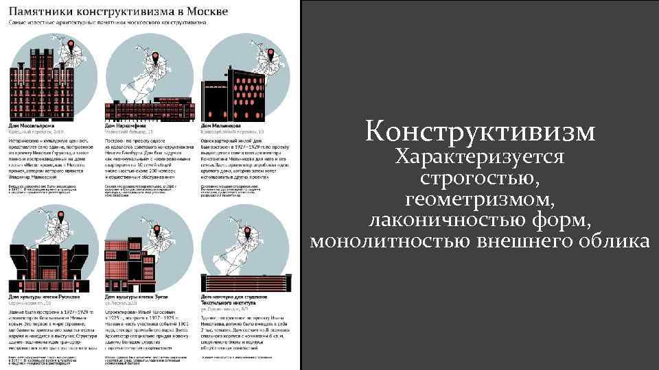 Конструктивизм Характеризуется строгостью, геометризмом, лаконичностью форм, монолитностью внешнего облика 