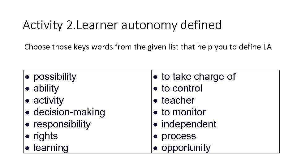 Activity 2. Learner autonomy defined Choose those keys words from the given list that