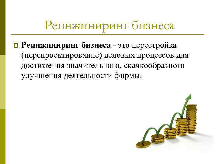 Реинжиниринг бизнеса p Реинжиниринг бизнеса это перестройка (перепроектирование) деловых процессов для достижения значительного, скачкообразного