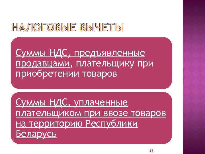 Суммы НДС, предъявленные продавцами, плательщику приобретении товаров Суммы НДС, уплаченные плательщиком при ввозе товаров