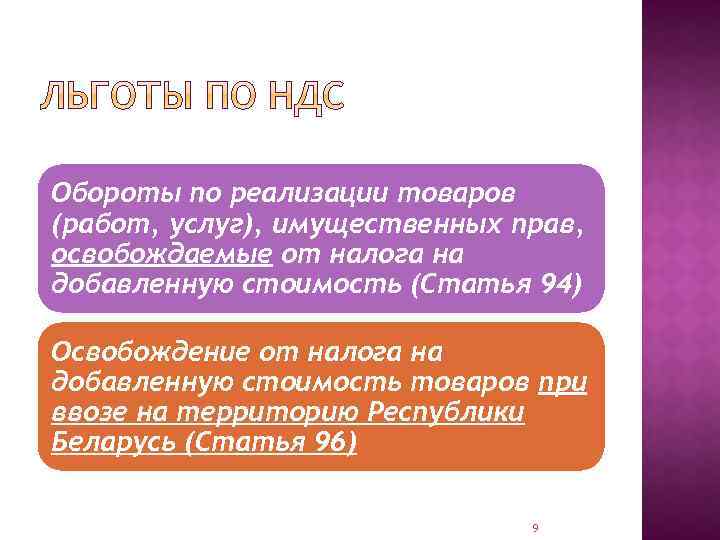 Обороты по реализации товаров (работ, услуг), имущественных прав, освобождаемые от налога на добавленную стоимость