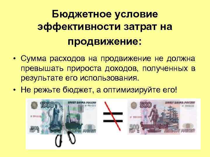 Бюджетное условие эффективности затрат на продвижение: • Сумма расходов на продвижение не должна превышать