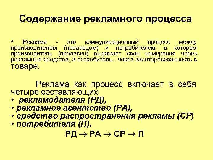 Содержание рекламного процесса • Реклама - это коммуникационный процесс между производителем (продавцом) и потребителем,