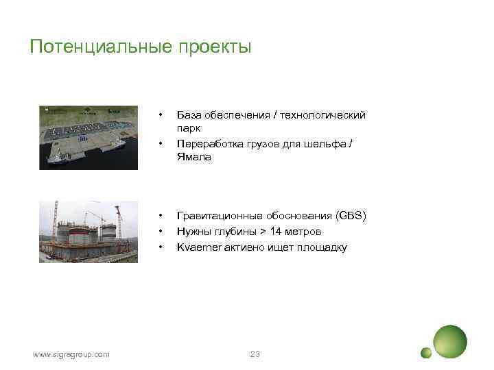 Потенциальные проекты • • • www. sigragroup. com База обеспечения / технологический парк Переработка