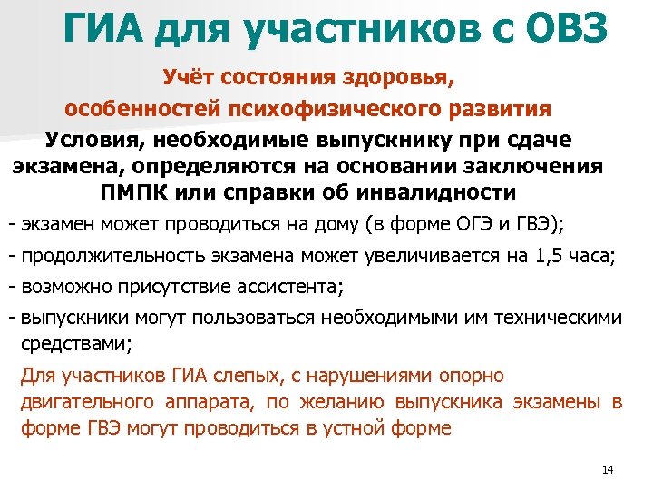 ГИА для участников с ОВЗ Учёт состояния здоровья, особенностей психофизического развития Условия, необходимые выпускнику