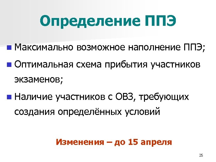 Определение ППЭ n Максимально возможное наполнение ППЭ; n Оптимальная схема прибытия участников экзаменов; n