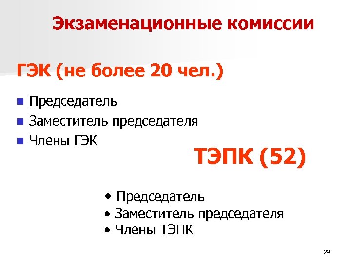 Экзаменационные комиссии ГЭК (не более 20 чел. ) Председатель n Заместитель председателя n Члены
