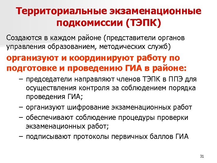 Территориальные экзаменационные подкомиссии (ТЭПК) Создаются в каждом районе (представители органов управления образованием, методических служб)