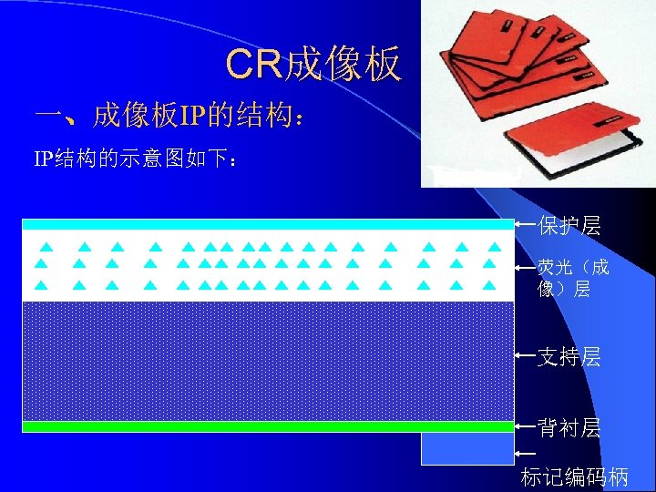 CR成像板 一、成像板IP的结构： IP结构的示意图如下： 保护层 荧光（成 像）层 支持层 背衬层 标记编码柄 