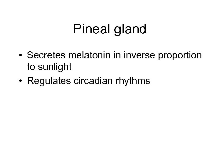 Pineal gland • Secretes melatonin in inverse proportion to sunlight • Regulates circadian rhythms
