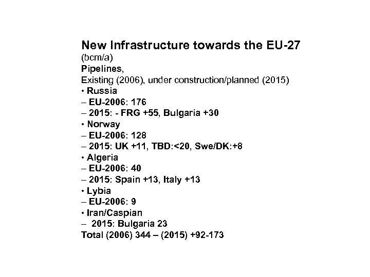 New Infrastructure towards the EU-27 (bcm/a) Pipelines, Existing (2006), under construction/planned (2015) • Russia