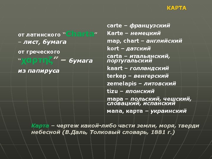 КАРТА от латинского “Charta” – лист, бумага от греческого “χαρτηζ” из папируса – бумага