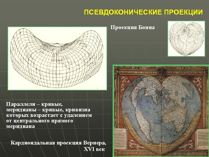 ПСЕВДОКОНИЧЕСКИЕ ПРОЕКЦИИ Проекция Бонна Параллели – кривые, меридианы – кривые, кривизна которых возрастает с