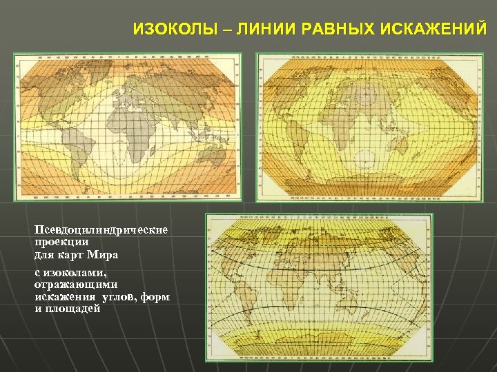 ИЗОКОЛЫ – ЛИНИИ РАВНЫХ ИСКАЖЕНИЙ Псевдоцилиндрические проекции для карт Мира с изоколами, отражающими искажения