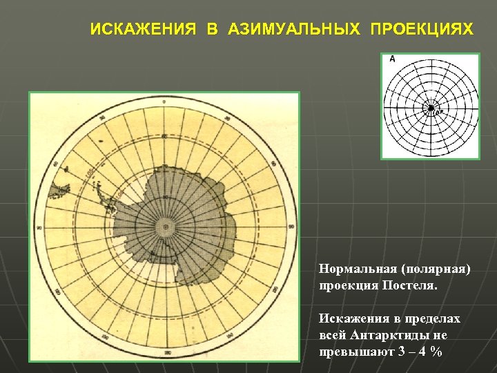 ИСКАЖЕНИЯ В АЗИМУАЛЬНЫХ ПРОЕКЦИЯХ Нормальная (полярная) проекция Постеля. Искажения в пределах всей Антарктиды не