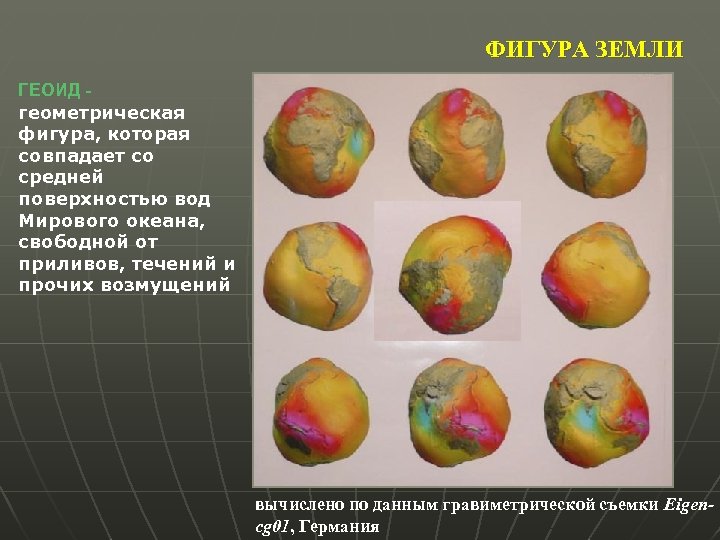 ФИГУРА ЗЕМЛИ ГЕОИД геометрическая фигура, которая совпадает со средней поверхностью вод Мирового океана, свободной