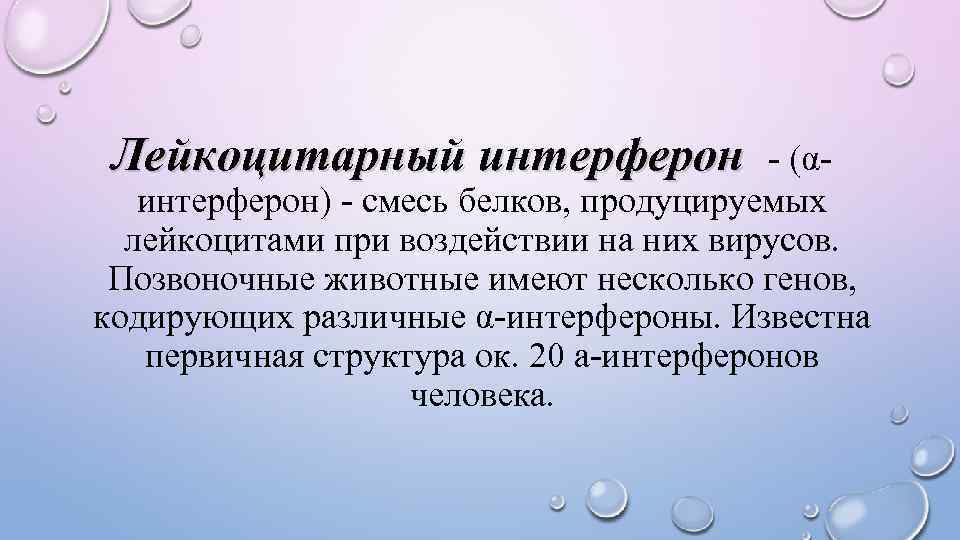 Лейкоцитарный интерферон - (αинтерферон) - смесь белков, продуцируемых лейкоцитами при воздействии на них вирусов.