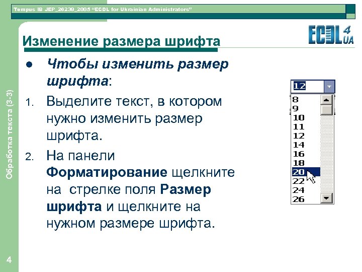 Tempus IB JEP_26239_2005 “ECDL for Ukrainian Administrators” Изменение размера шрифта Обработка текста (3 -3)