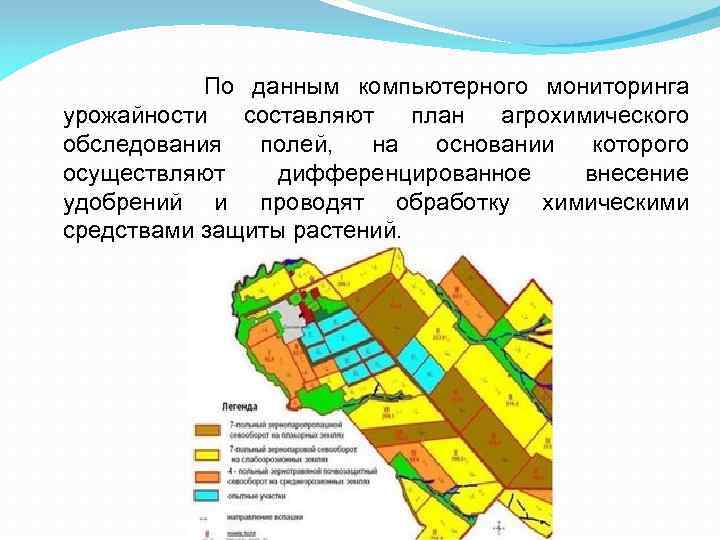 По данным компьютерного мониторинга урожайности составляют план агрохимического обследования полей, на основании которого осуществляют