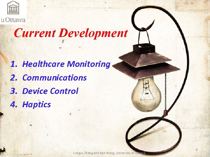 Current Development 1. 2. 3. 4. Healthcare Monitoring Communications Device Control Haptics Longyu Zhang