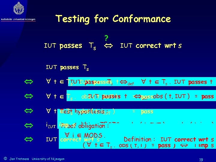Testing for Conformance IUT passes Ts ? correct wrt s IUT passes Ts IUT