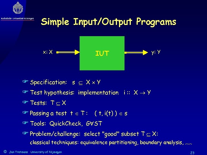 Simple Input/Output Programs x: X IUT y: Y F Specification: s X Y F