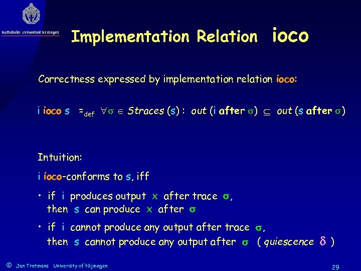 Implementation Relation ioco Correctness expressed by implementation relation ioco: i ioco s =def Straces