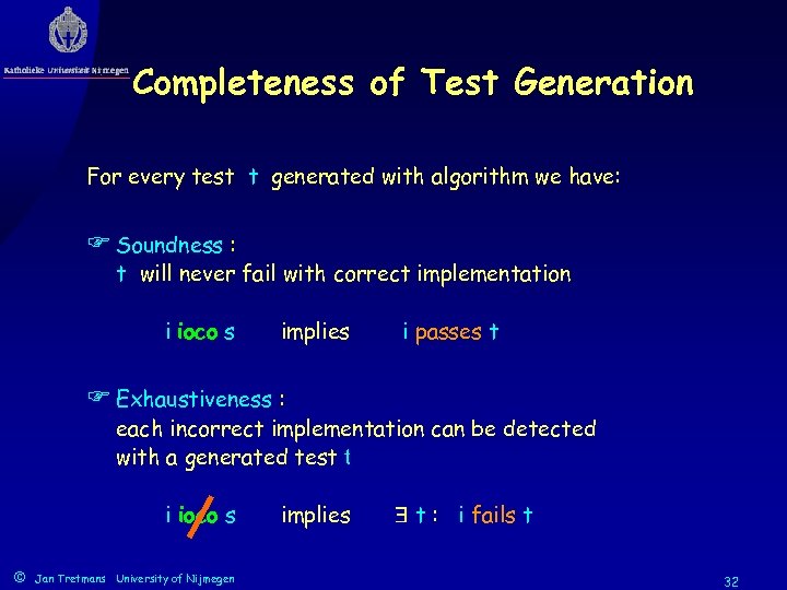 Completeness of Test Generation For every test t generated with algorithm we have: F