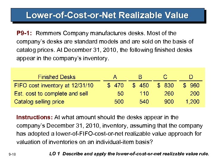 Lower-of-Cost-or-Net Realizable Value P 9 -1: Remmers Company manufactures desks. Most of the company’s