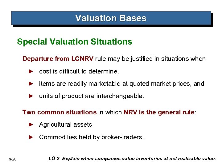 Valuation Bases Special Valuation Situations Departure from LCNRV rule may be justified in situations